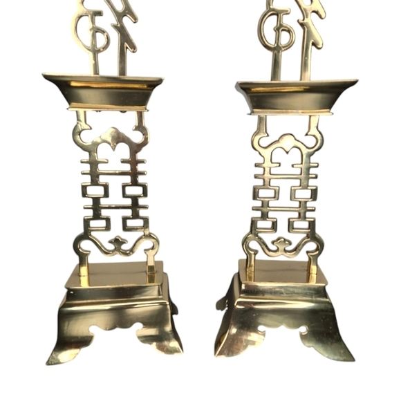 Set Of 2 Vintage 15" Tall Brass Chinese Candle Holders, Chinoiserie Candlesticks - Picture 4 of 15